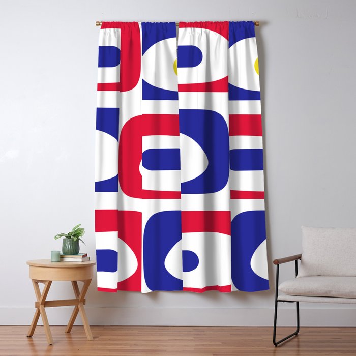 Mid Century Modern Piquet Minimalist Abstract Pattern in Red, Navy Blue, Yellow, and White Window Curtain Gallery Image 1