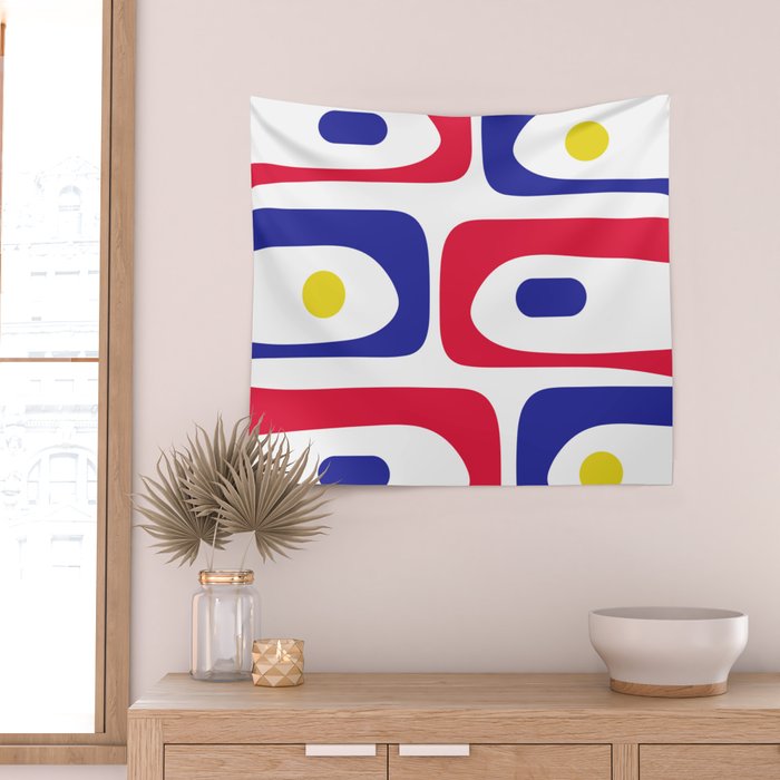 Mid Century Modern Piquet Minimalist Abstract Pattern in Red, Navy Blue, Yellow, and White Wall Tapestry Gallery Image 2