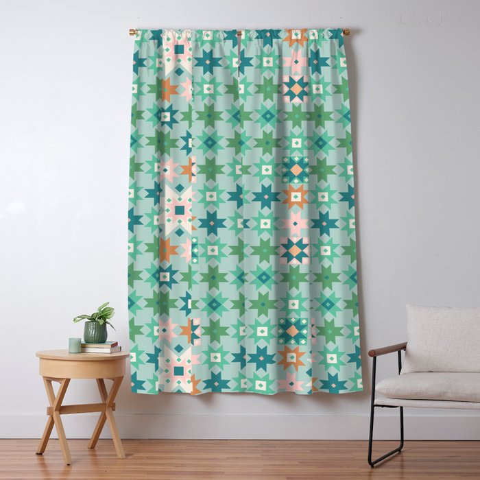 Geometric Quilt - Blue Green Window Curtain Gallery Image 1