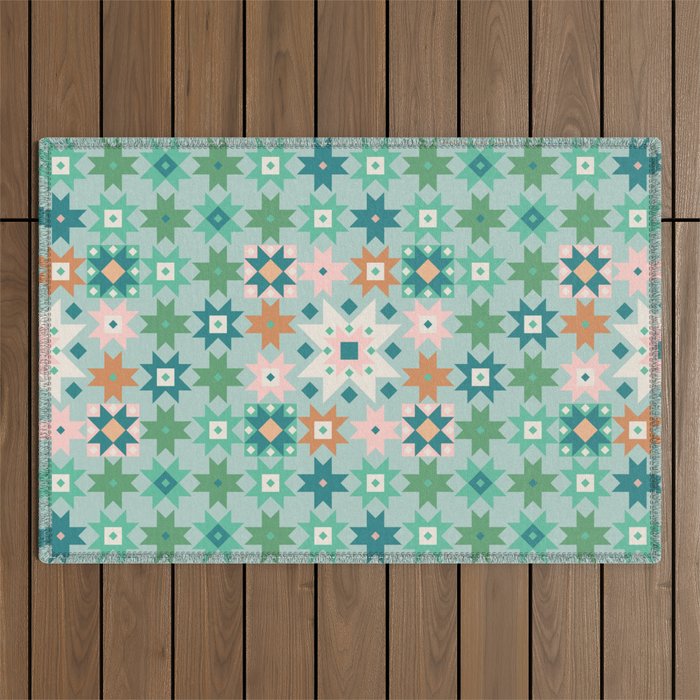 Geometric Quilt - Blue Green Outdoor Rug Gallery Image 1