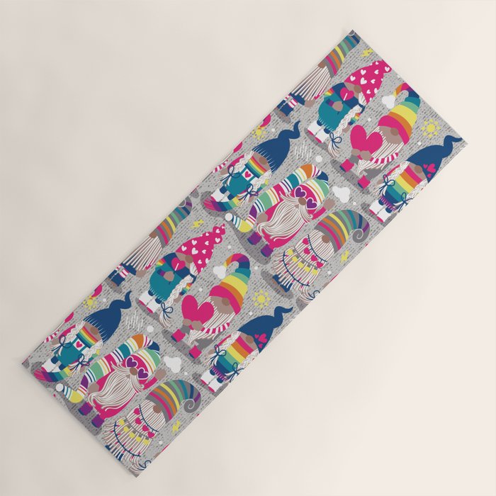 I gnome you // grey background little happy and lovely gnomes with rainbows fuchsia pink hearts Yoga Mat Gallery Image 1