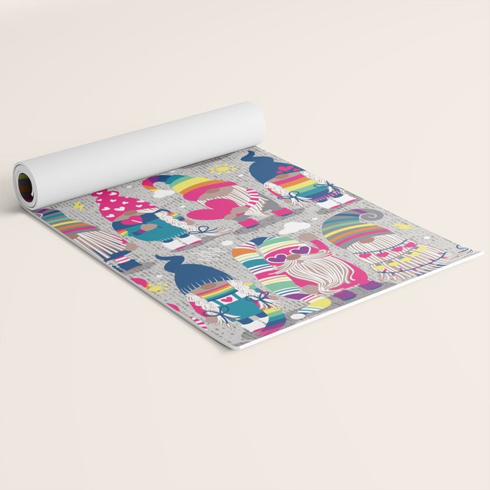 I gnome you // grey background little happy and lovely gnomes with rainbows fuchsia pink hearts Yoga Mat Gallery Image 2