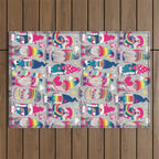 I gnome you // grey background little happy and lovely gnomes with rainbows fuchsia pink hearts Outdoor Rug Gallery Image 1