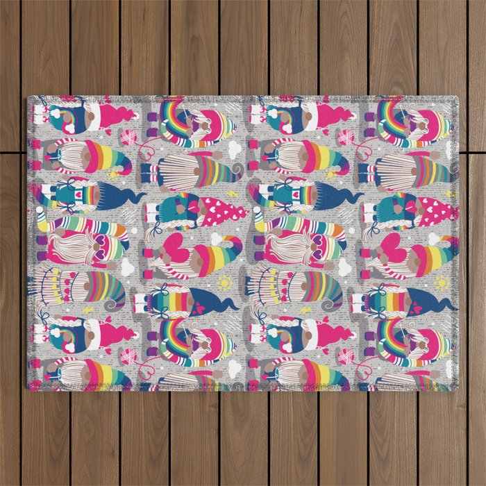 I gnome you // grey background little happy and lovely gnomes with rainbows fuchsia pink hearts Outdoor Rug Gallery Image 1