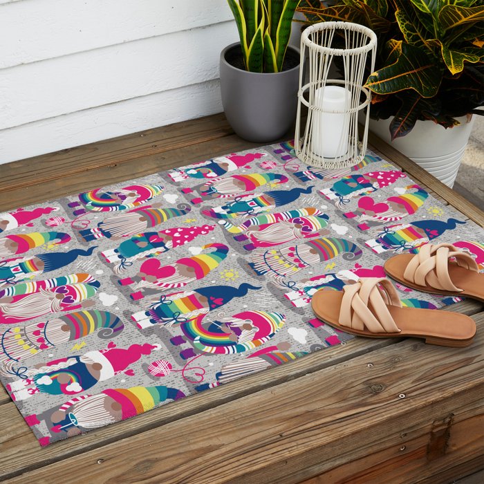 I gnome you // grey background little happy and lovely gnomes with rainbows fuchsia pink hearts Outdoor Rug Gallery Image 2