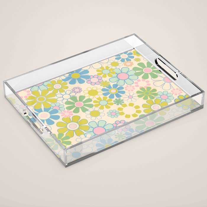 Retro Garden 60s 70s Pastel Floral Pattern on Cream Acrylic Tray Gallery Image 1