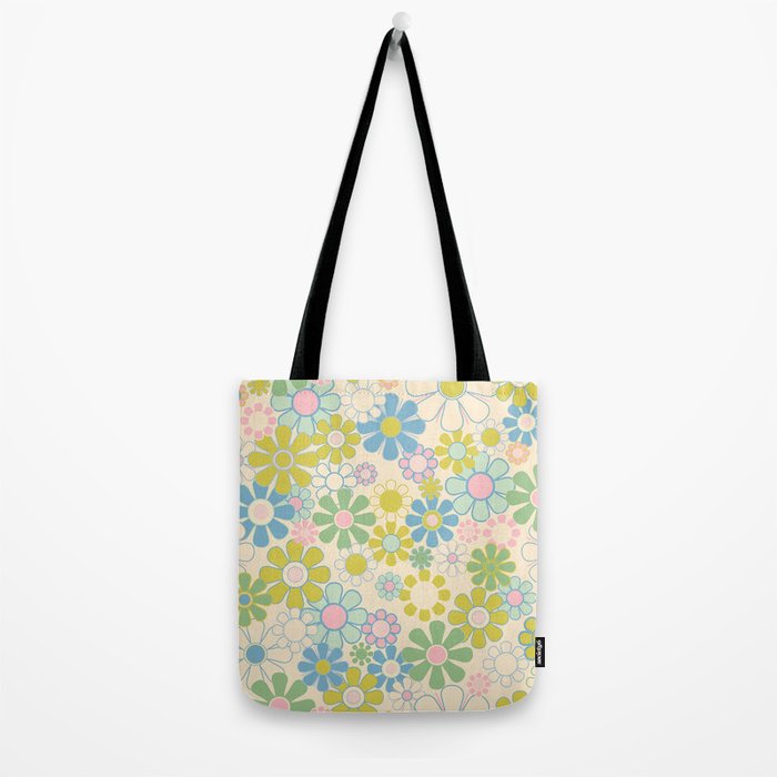 Retro Garden 60s 70s Pastel Floral Pattern on Cream Tote Bag Gallery Image 2