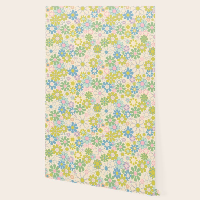 Retro Garden 60s 70s Pastel Floral Pattern on Cream Wallpaper Gallery Image 2