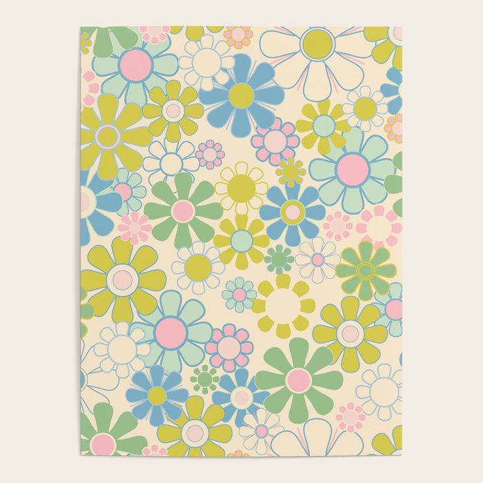 Retro Garden 60s 70s Pastel Floral Pattern on Cream Poster Gallery Image 1