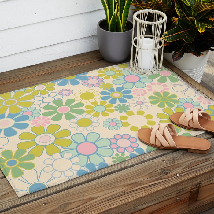 Retro Garden 60s 70s Pastel Floral Pattern on Cream Outdoor Rug Gallery Image 2