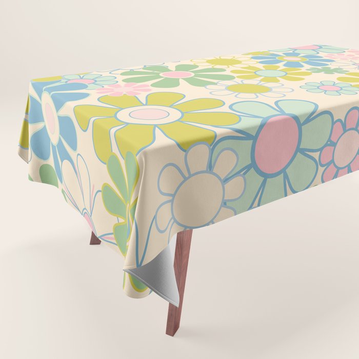 Retro Garden 60s 70s Pastel Floral Pattern on Cream Tablecloth Gallery Image 1