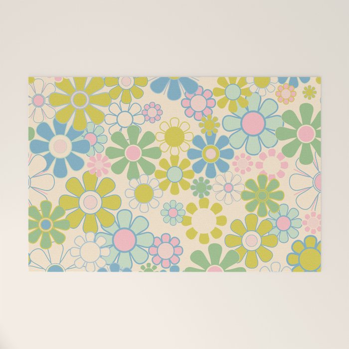 Retro Garden 60s 70s Pastel Floral Pattern on Cream Welcome Mat Gallery Image 1