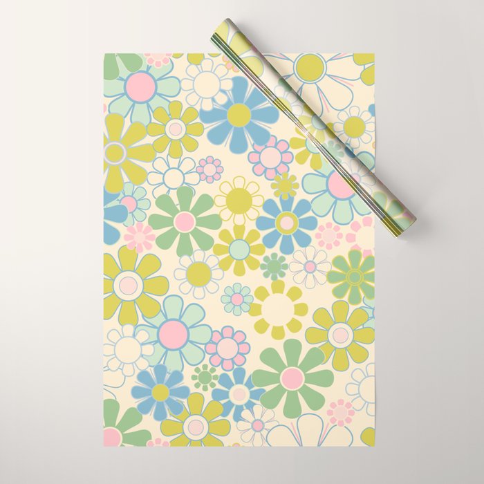 Retro Garden 60s 70s Pastel Floral Pattern on Cream Wrapping Paper Gallery Image 1
