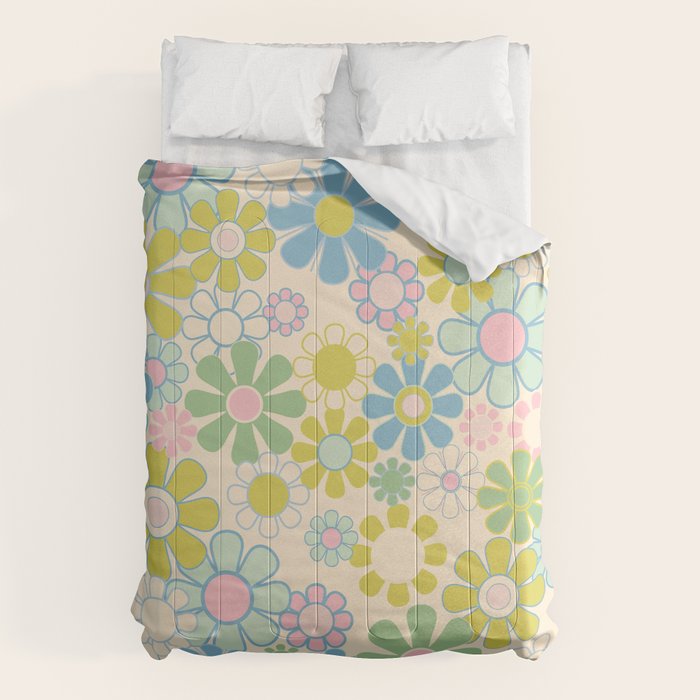 Retro Garden 60s 70s Pastel Floral Pattern on Cream Comforter Gallery Image 6