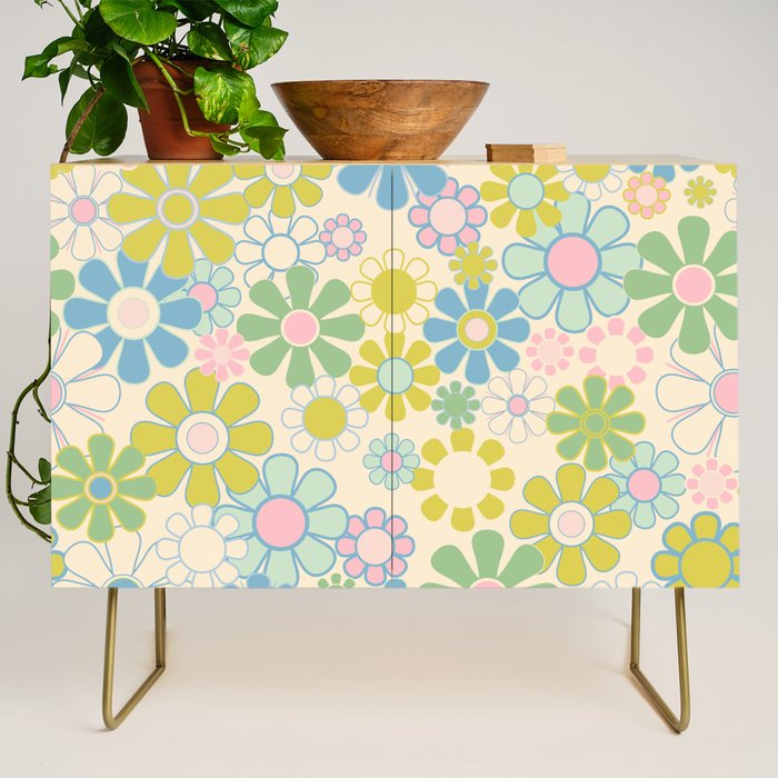 Retro Garden 60s 70s Pastel Floral Pattern on Cream Credenza Gallery Image 1