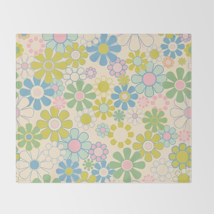 Retro Garden 60s 70s Pastel Floral Pattern on Cream Throw Blanket Gallery Image 2