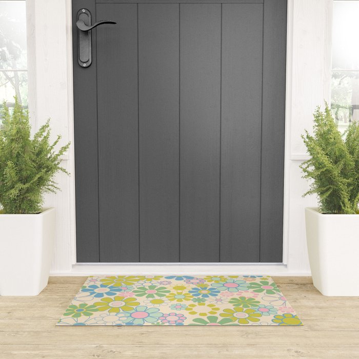 Retro Garden 60s 70s Pastel Floral Pattern on Cream Welcome Mat Gallery Image 3