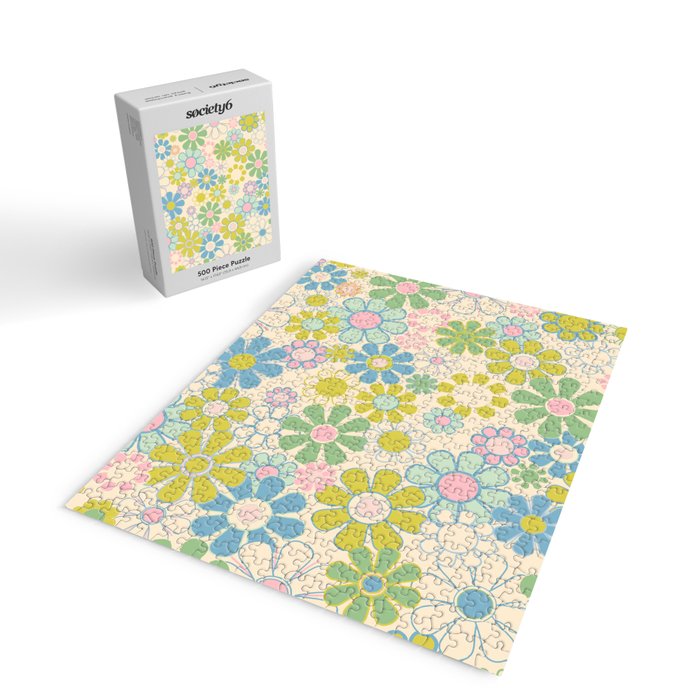 Retro Garden 60s 70s Pastel Floral Pattern on Cream Jigsaw Puzzle Gallery Image 2
