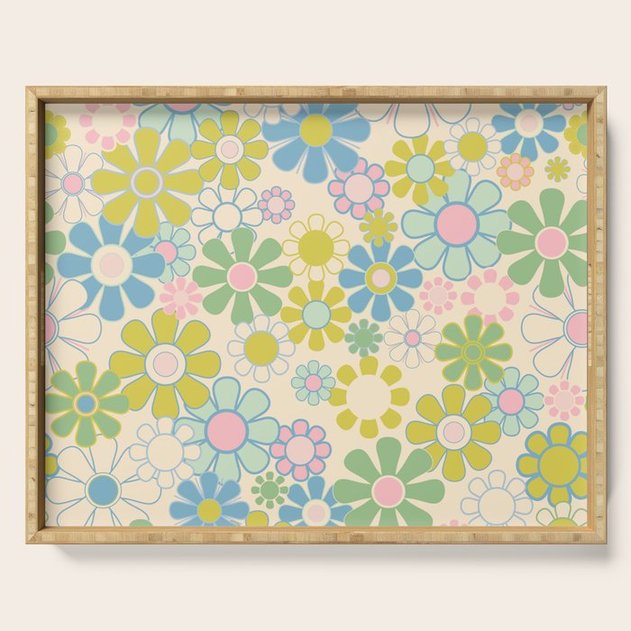 Retro Garden 60s 70s Pastel Floral Pattern on Cream Serving Tray Gallery Image 1