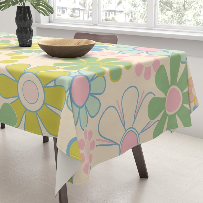 Retro Garden 60s 70s Pastel Floral Pattern on Cream Tablecloth Gallery Image 3