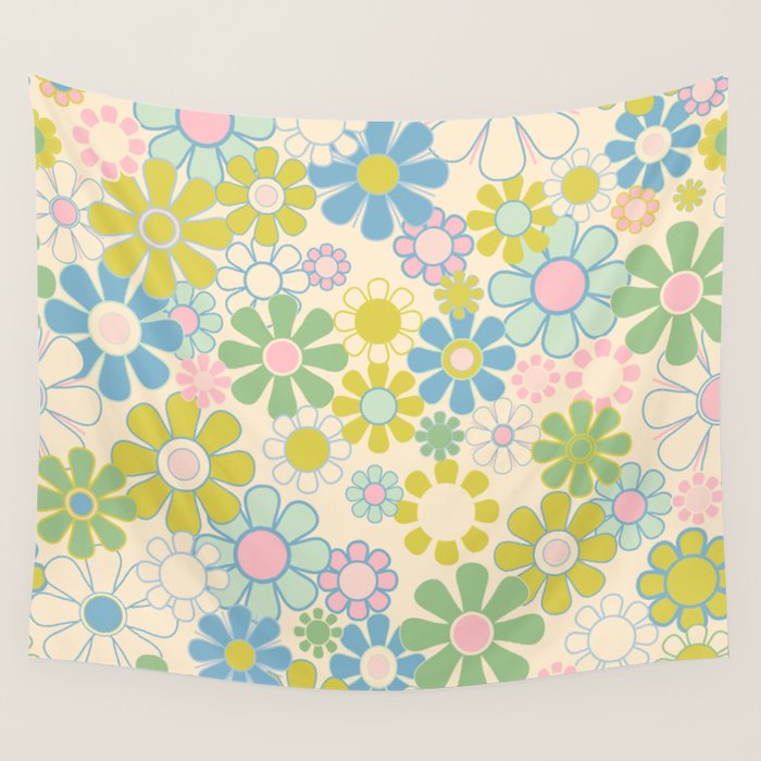 Retro Garden 60s 70s Pastel Floral Pattern on Cream Wall Tapestry Gallery Image 4