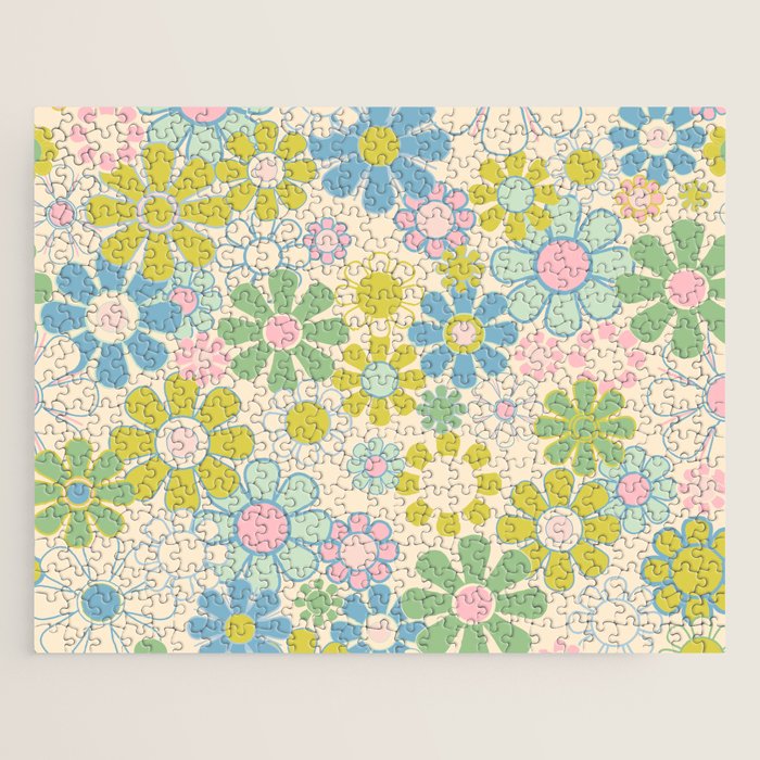 Retro Garden 60s 70s Pastel Floral Pattern on Cream Jigsaw Puzzle Gallery Image 1