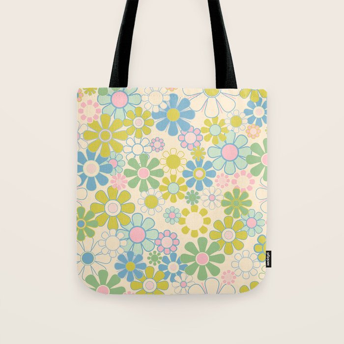 Retro Garden 60s 70s Pastel Floral Pattern on Cream Tote Bag Gallery Image 1