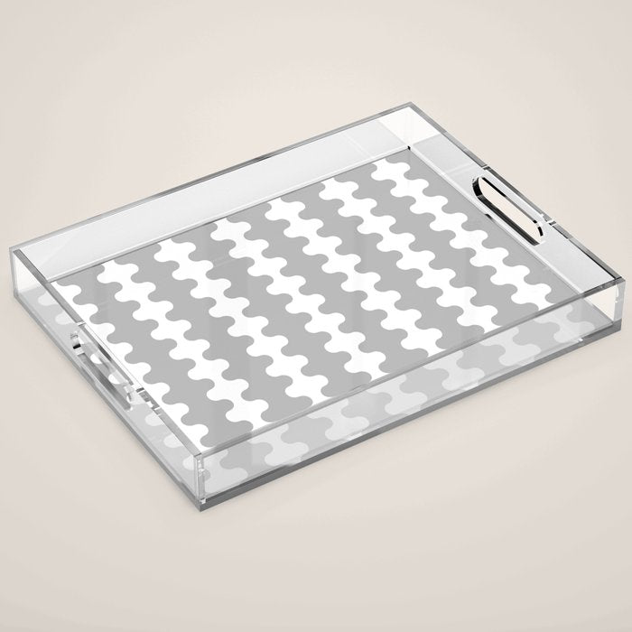 Modern Retro Wavy Ogee A-Go-Go Pop Stripes in Gray and White Acrylic Tray Gallery Image 1