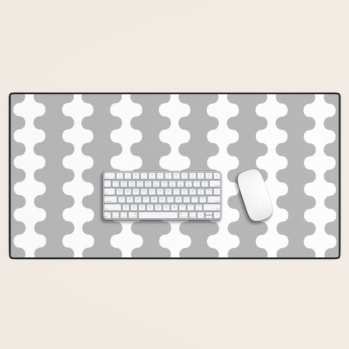 Modern Retro Wavy Ogee A-Go-Go Pop Stripes in Gray and White Desk Mat Gallery Image 1