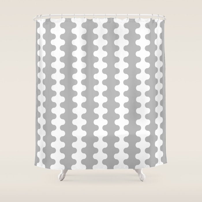 Modern Retro Wavy Ogee A-Go-Go Pop Stripes in Gray and White Shower Curtain Gallery Image 1