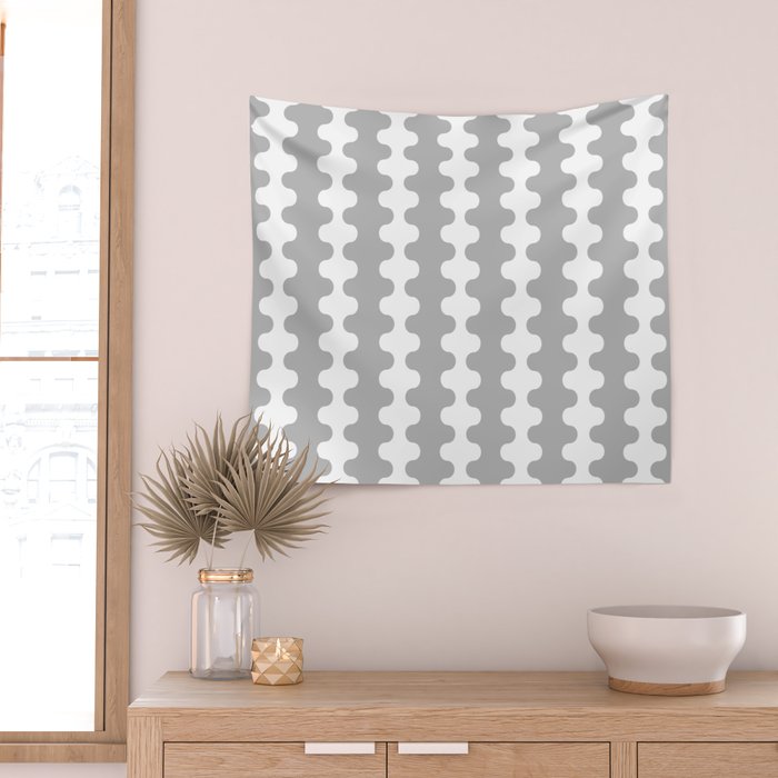 Modern Retro Wavy Ogee A-Go-Go Pop Stripes in Gray and White Wall Tapestry Gallery Image 2