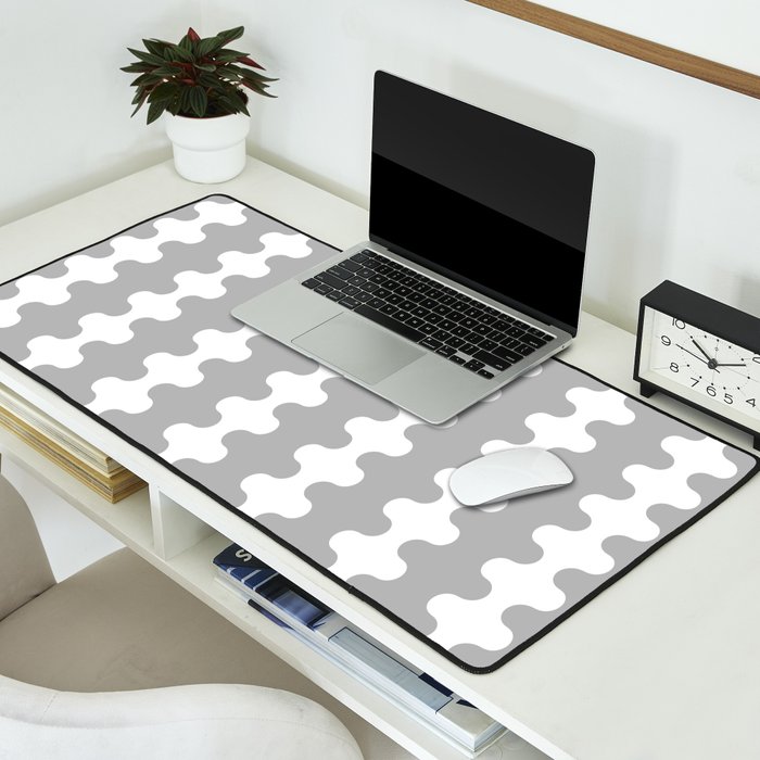Modern Retro Wavy Ogee A-Go-Go Pop Stripes in Gray and White Desk Mat Gallery Image 2