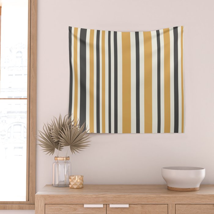 Vertical Stripes Muted Gold and Charcoal Variable Retro Modern Stripe Pattern Wall Tapestry Gallery Image 2