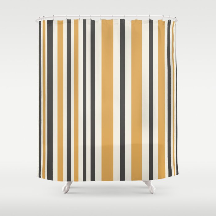 Vertical Stripes Muted Gold and Charcoal Variable Retro Modern Stripe Pattern Shower Curtain Gallery Image 1