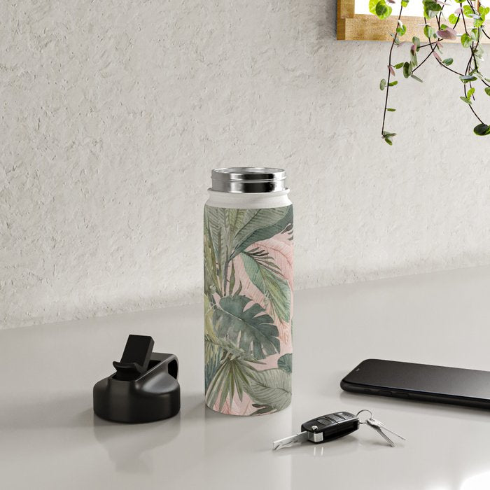 Bali  Pink Jungle Watercolour Palm and Monstera Leaves  Water Bottle Gallery Image 4