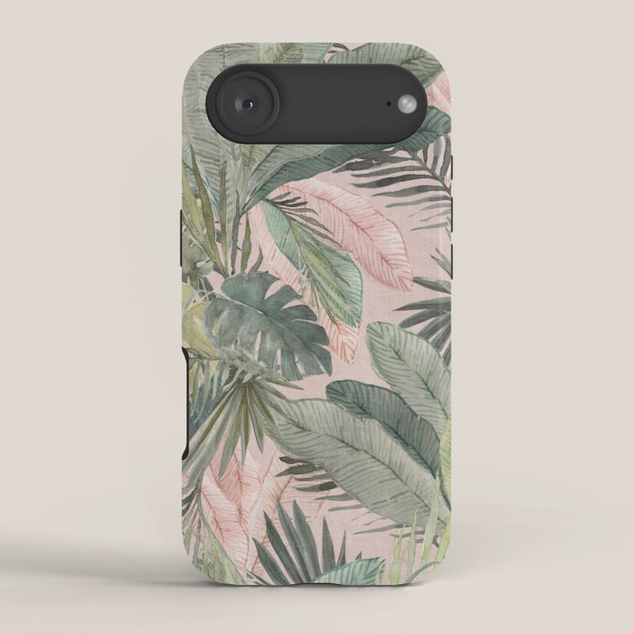 Bali  Pink Jungle Watercolour Palm and Monstera Leaves  iPhone Case Gallery Image 2