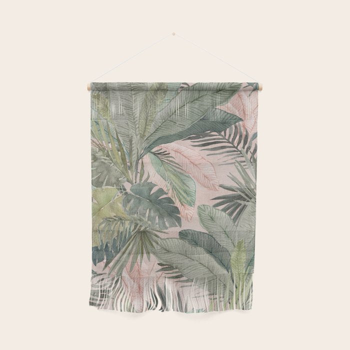 Bali  Pink Jungle Watercolour Palm and Monstera Leaves  Wall Hanging Gallery Image 1