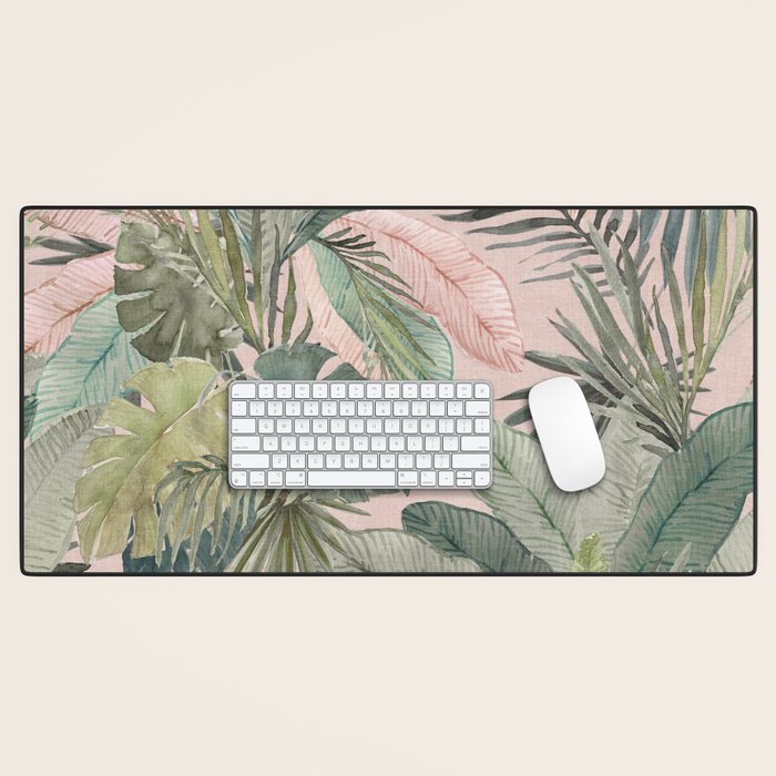 Bali  Pink Jungle Watercolour Palm and Monstera Leaves  Desk Mat Gallery Image 1