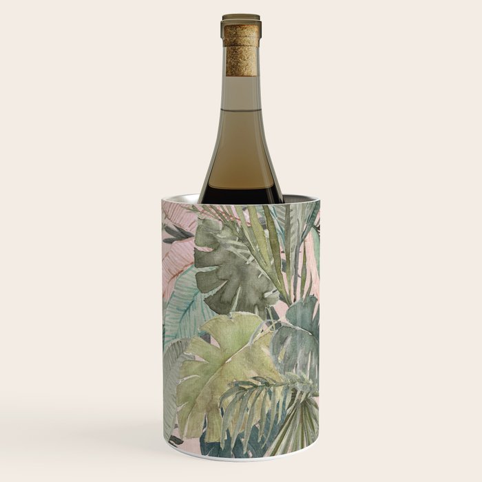 Bali  Pink Jungle Watercolour Palm and Monstera Leaves  Wine Chiller Gallery Image 2