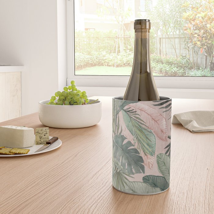 Bali  Pink Jungle Watercolour Palm and Monstera Leaves  Wine Chiller Gallery Image 4