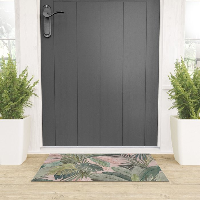 Bali  Pink Jungle Watercolour Palm and Monstera Leaves  Welcome Mat Gallery Image 3