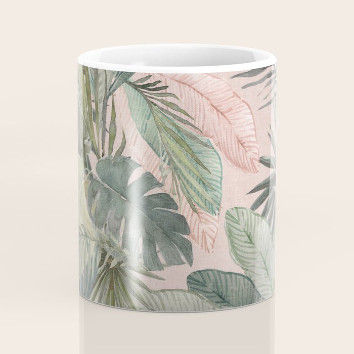 Bali  Pink Jungle Watercolour Palm and Monstera Leaves  Coffee Mug Gallery Image 4