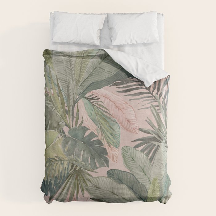 Bali  Pink Jungle Watercolour Palm and Monstera Leaves  Duvet Cover Gallery Image 6