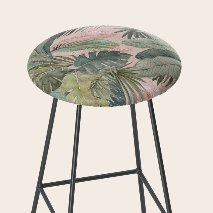 Bali  Pink Jungle Watercolour Palm and Monstera Leaves  Stool Gallery Image 2