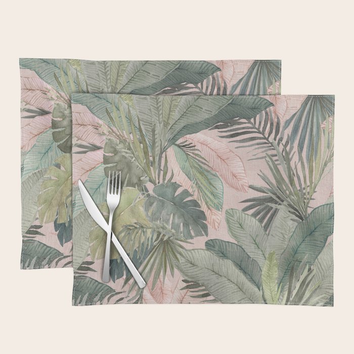 Bali  Pink Jungle Watercolour Palm and Monstera Leaves  Placemat Gallery Image 1