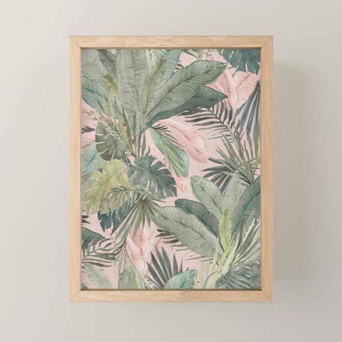 Bali  Pink Jungle Watercolour Palm and Monstera Leaves  Mini Art Print Gallery Image 1
