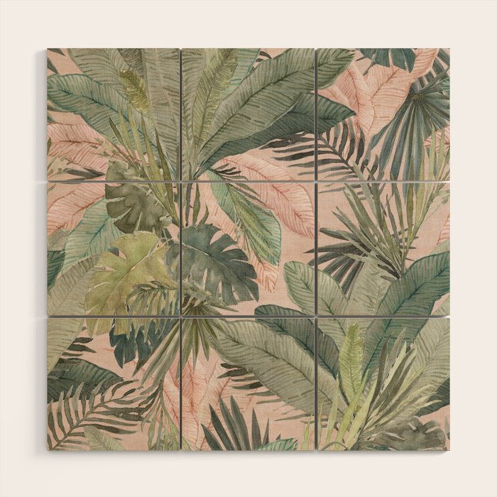 Bali  Pink Jungle Watercolour Palm and Monstera Leaves  Wood Wall Art Gallery Image 1