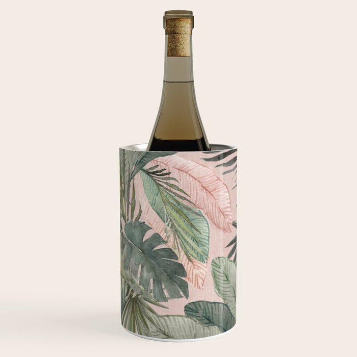 Bali  Pink Jungle Watercolour Palm and Monstera Leaves  Wine Chiller Gallery Image 1