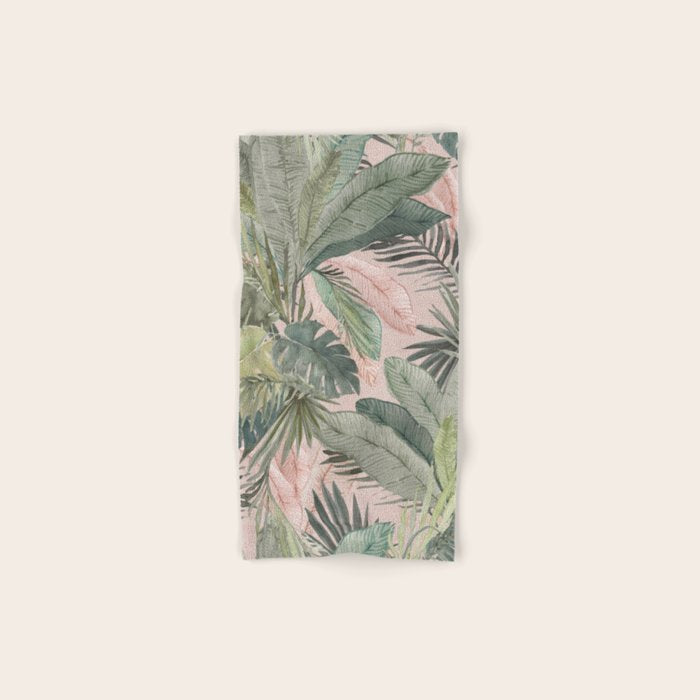 Bali  Pink Jungle Watercolour Palm and Monstera Leaves  Bath Towel Gallery Image 1