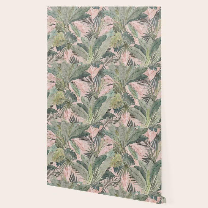 Bali  Pink Jungle Watercolour Palm and Monstera Leaves  Wallpaper Gallery Image 2